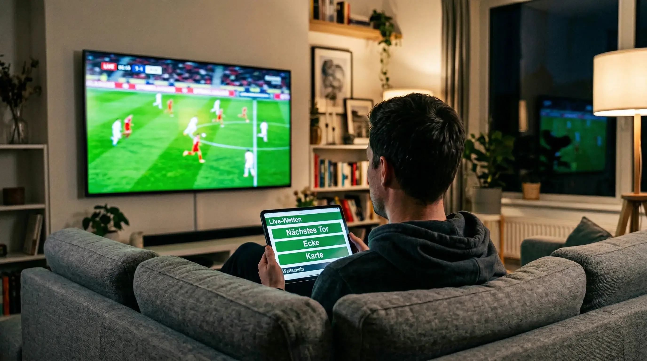 Fußballfan verfolgt ein Spiel live auf dem Fernseher mit Tablet für Live-Wetten