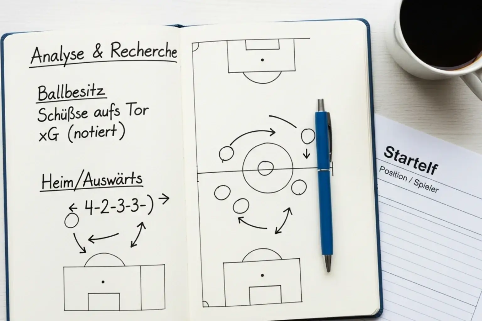 Notizbuch mit handschriftlichen Fußballstatistiken und Spielanalysen