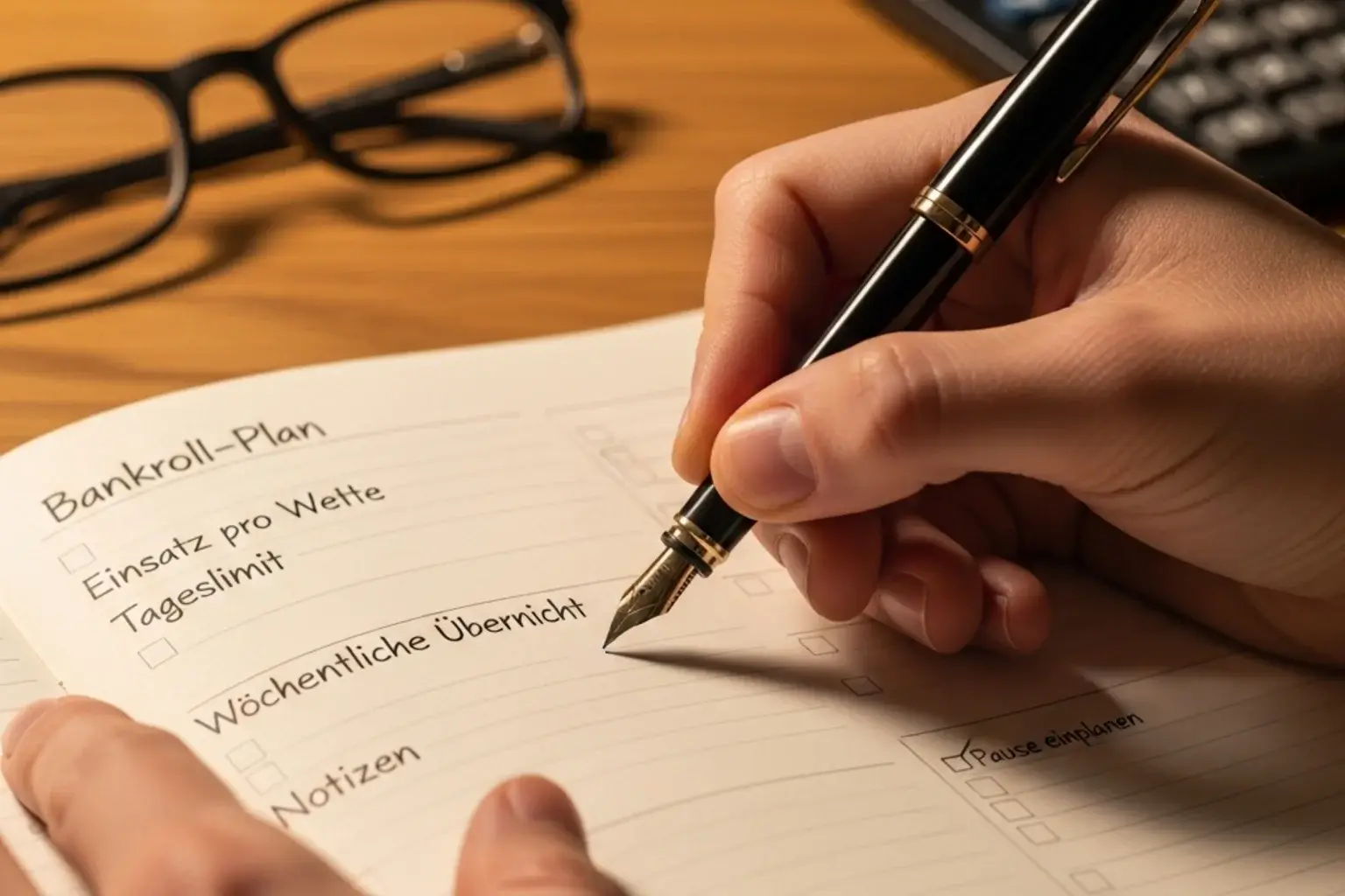 Person macht Notizen in einem Haushaltsbuch zur Planung des Wettbudgets