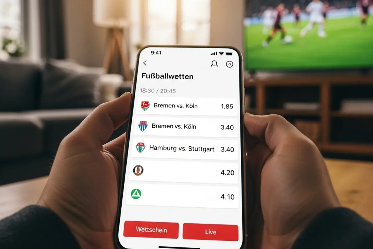 Smartphone mit Wettschein-App und Fußballspiel im Hintergrund